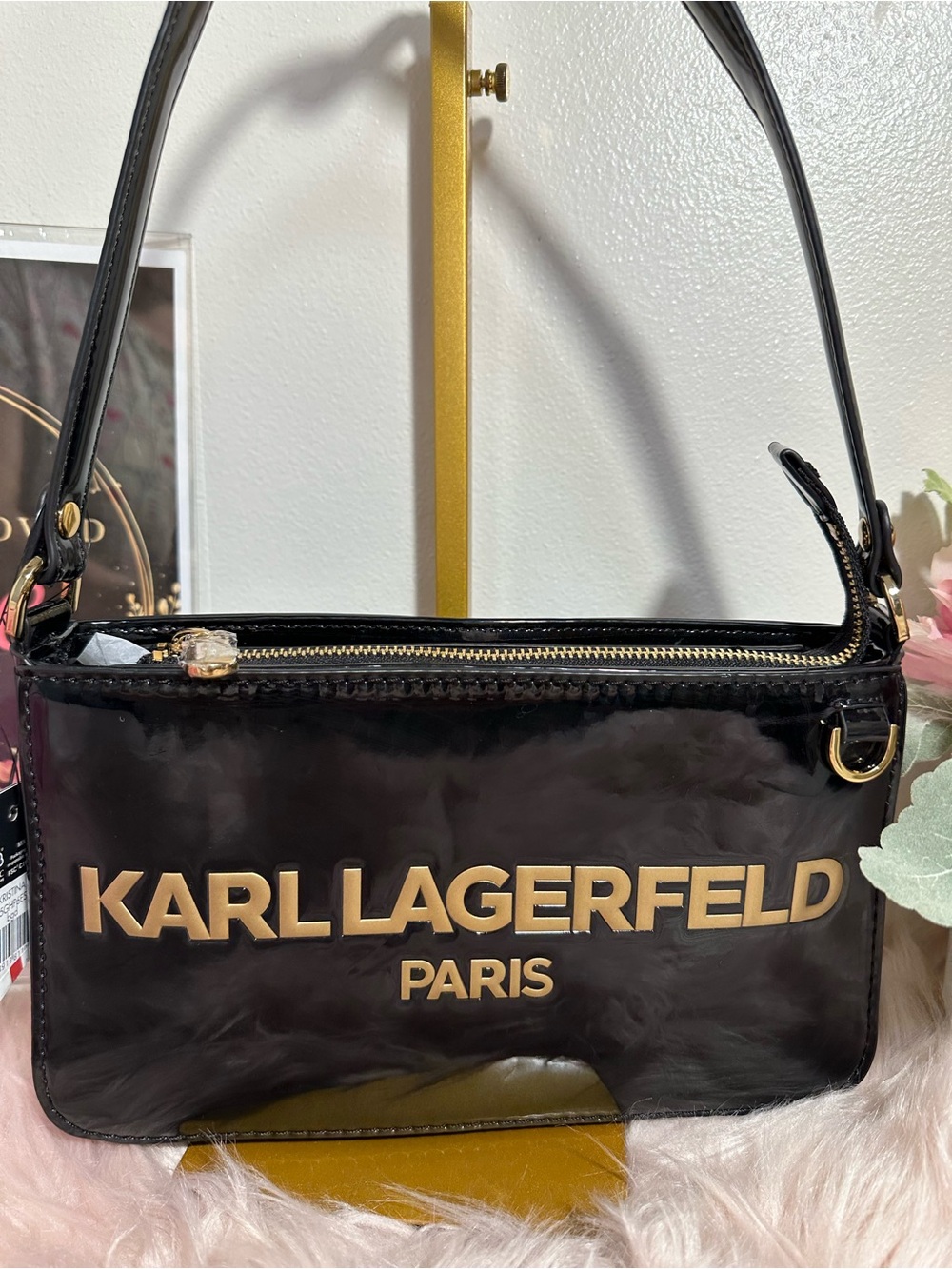 Karl Lagerfeld Black Patent Shoulder Bag with Gold Logo